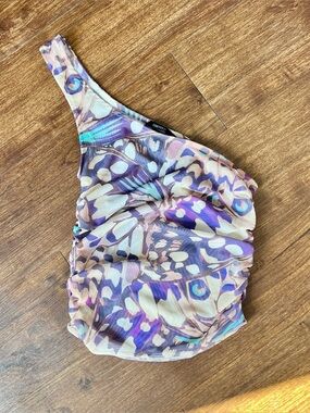 Forever 21 One-Shoulder Butterfly Printed Crop Top in Purple, Teal & Cream